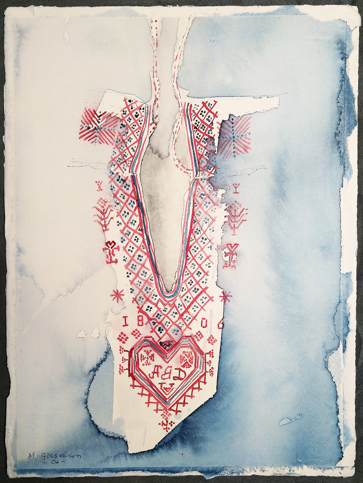 Akvarell-Gisselson-06 Konstnär: Margareta Gisselson. En broderad brudsärk från Stocksbo med märkning år 1806. Orginalet till bruksärken finns i Ovansjö Hembygdsförenings samlingar och mönster finns för den som vill sy en likadan.